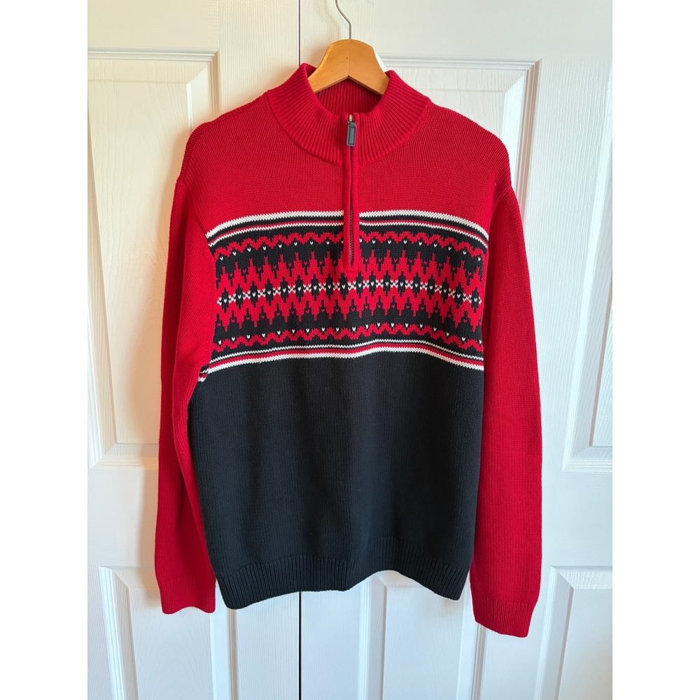Chaps Mens Red Black Fair Isle 1/4 Zip Cotton Knit Sweater Large IC100027154